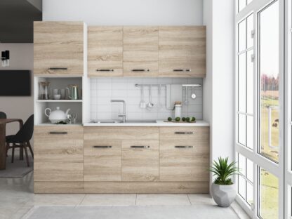 Bucatarie Sofia 200 cm, sonoma, blat termic alb, corp cuptor incorporabil - imagine 3
