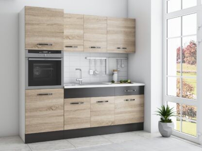 Bucatarie Sofia 200 cm, sonoma / wenge, blat termic alb, corp cuptor incorporabil