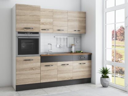 Bucatarie Sofia 200 cm, sonoma / wenge, blat termic nuc, corp cuptor incorporabil