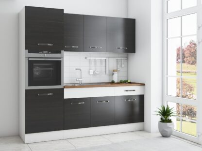 Bucatarie Sofia 200 cm, wenge / alb, blat termic nuc, corp cuptor incorporabil