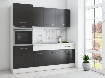 Bucatarie Sofia 200 cm, wenge / alb, blat termic alb, corp cuptor incorporabil