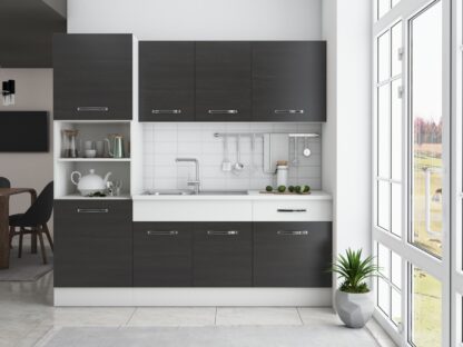 Bucatarie Sofia 200 cm, wenge / alb, blat termic alb, corp cuptor incorporabil - imagine 3