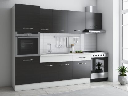 Bucatarie Sofia 260 cm, wenge / alb, blat termic alb, corp cuptor incorporabil
