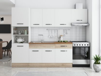 Bucatarie Sofia 260 cm, alb / sonoma, blat termic nuc, corp cuptor incorporabil - imagine 3