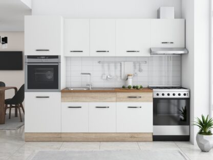 Bucatarie Sofia 260 cm, alb / sonoma, blat termic nuc, corp cuptor incorporabil - imagine 2
