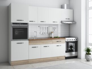 Bucatarie Sofia 260 cm, alb / sonoma, blat termic nuc, corp cuptor incorporabil