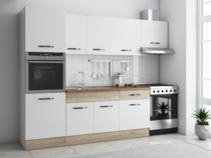 Bucatarie Sofia 260 cm, alb / sonoma, blat termic nuc, corp cuptor incorporabil