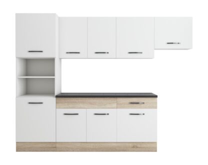Bucatarie Sofia 260 cm, alb / sonoma, blat termic wenge, corp cuptor incorporabil - imagine 6