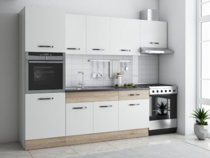 Bucatarie Sofia 260 cm, alb / sonoma, blat termic wenge, corp cuptor incorporabil