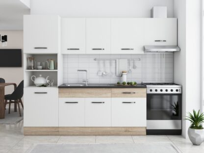 Bucatarie Sofia 260 cm, alb / sonoma, blat termic wenge, corp cuptor incorporabil - imagine 3