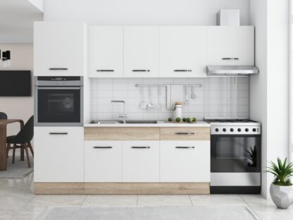 Bucatarie Sofia 260 cm, alb / sonoma, blat termic alb, corp cuptor incorporabil - imagine 2