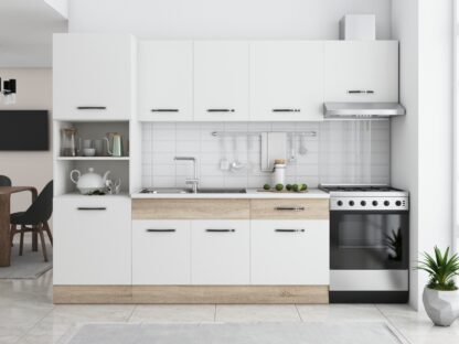 Bucatarie Sofia 260 cm, alb / sonoma, blat termic alb, corp cuptor incorporabil - imagine 3