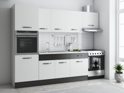 Bucatarie Sofia 260 cm, alb / wenge, blat termic alb, corp cuptor incorporabil
