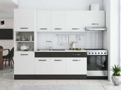 Bucatarie Sofia 260 cm, alb / wenge, blat termic alb, corp cuptor incorporabil - imagine 3