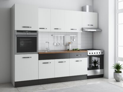 Bucatarie Sofia 260 cm, alb / wenge, blat termic nuc, corp cuptor incorporabil