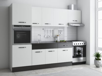 Bucatarie Sofia 260 cm, alb / wenge, blat termic wenge, corp cuptor incorporabil