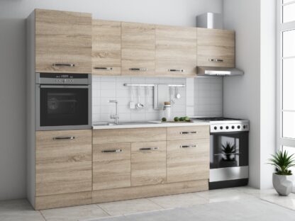 Bucatarie Sofia 260 cm, sonoma, blat termic alb, corp cuptor incorporabil
