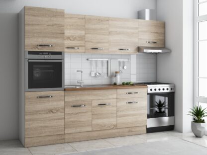 Bucatarie Sofia 260 cm, sonoma, blat termic nuc, corp cuptor incorporabil