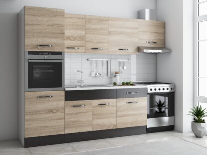 Bucatarie Sofia 260 cm, sonoma / wenge, blat termic alb, corp cuptor incorporabil