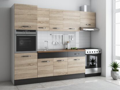 Bucatarie Sofia 260 cm, sonoma / wenge, blat termic nuc, corp cuptor incorporabil