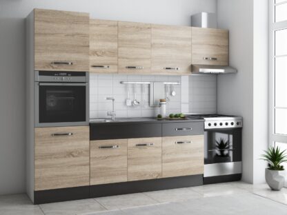 Bucatarie Sofia 260 cm, sonoma / wenge, blat termic wenge, corp cuptor incorporabil