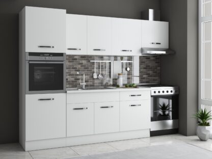 Bucatarie Sofia 260 cm, alb, blat termic alb, corp cuptor incorporabil
