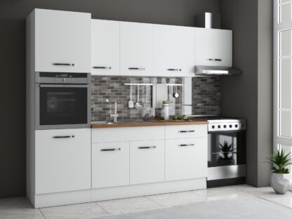 Bucatarie Sofia 260 cm, alb, blat termic nuc, corp cuptor incorporabil