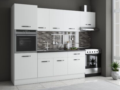 Bucatarie Sofia 260 cm, alb, blat termic wenge, corp cuptor incorporabil