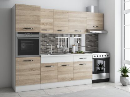 Bucatarie Sofia 260 cm, sonoma / alb, blat termic alb, corp cuptor incorporabil