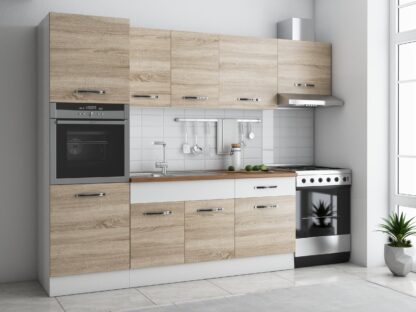 Bucatarie Sofia 260 cm, sonoma / alb, blat termic nuc, corp cuptor incorporabil