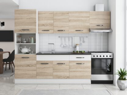 Bucatarie Sofia 260 cm, sonoma / alb, blat termic wenge, corp cuptor incorporabil - imagine 3