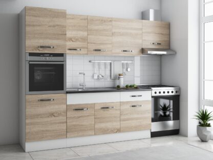 Bucatarie Sofia 260 cm, sonoma / alb, blat termic wenge, corp cuptor incorporabil