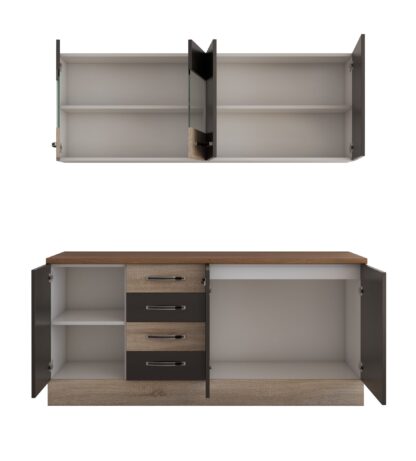 Bucatarie Alfa cu vitrina 180 cm, wenge / sonoma, blat termic nuc - imagine 3