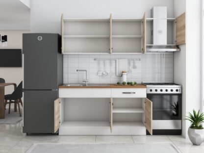 Bucatarie Sofia 200 cm, sonoma / alb, blat termic nuc, corp hota - imagine 3