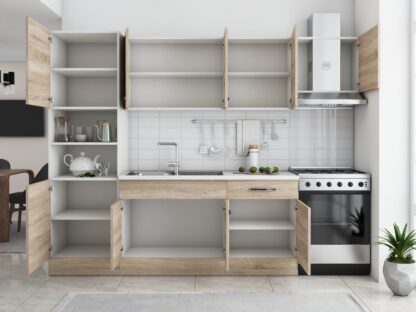 Bucatarie Sofia 260 cm, sonoma, blat termic alb, corp cuptor incorporabil - imagine 4