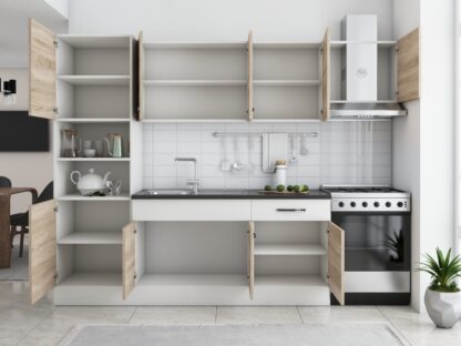 Bucatarie Sofia 260 cm, sonoma / alb, blat termic wenge, corp cuptor incorporabil - imagine 4