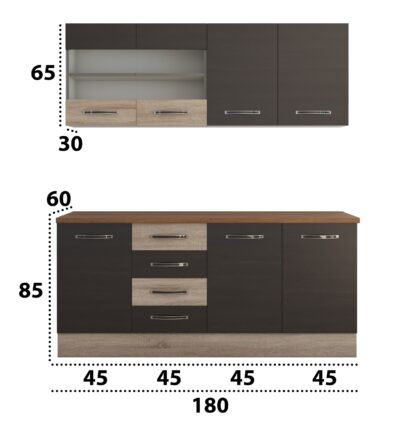 Bucatarie Alfa cu vitrina 180 cm, wenge / sonoma, blat termic nuc - imagine 4