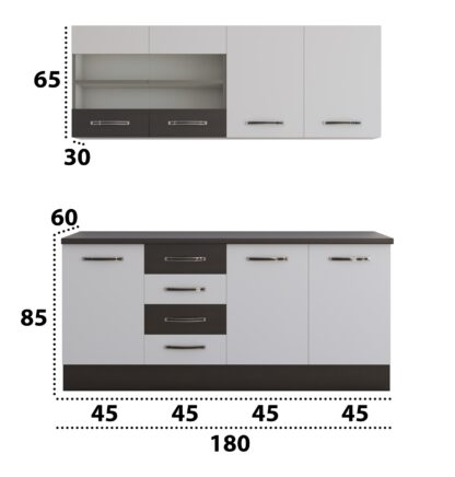 Bucatarie Alfa cu vitrina 180 cm, alb / wenge, blat termic wenge - imagine 4