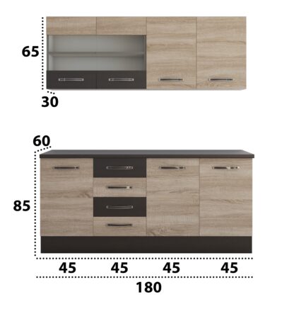 Bucatarie Alfa cu vitrina 180 cm, sonoma / wenge, blat termic wenge - imagine 4