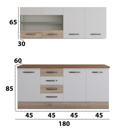 Bucatarie Alfa cu vitrina 180 cm, alb / sonoma, blat termic nuc - imagine 4