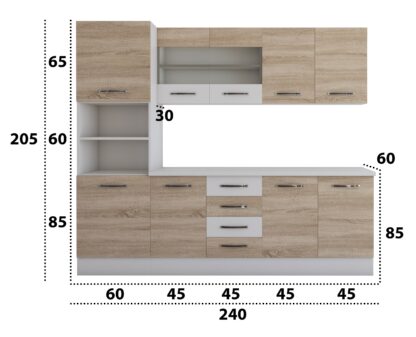 Bucatarie Alfa 240 cm, sonoma/alb, blat termic alb, corp inalt cuptor - imagine 5