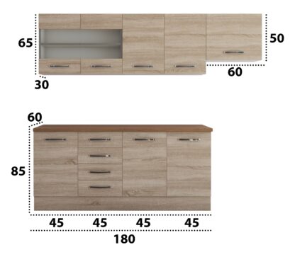 Bucatarie Alfa cu vitrina si blat termic nuc, sonoma, 240x210x60 cm - imagine 3