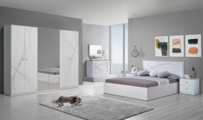 Dormitor Matrix, alb lucios, pat 160x200, comoda, dulap, noptiere