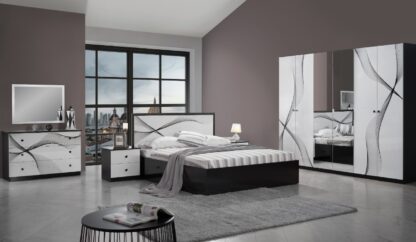 Dormitor Matrix, alb/negru lucios, Dulap 260 cm, Pat 160x200, 2 noptiere, comoda