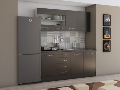 Bucatarie Alfa cu vitrina 180 cm, wenge, blat termic wenge