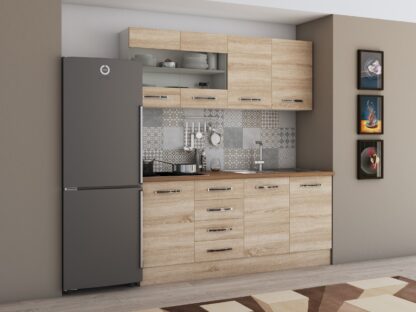 Bucatarie Alfa cu vitrina 180 cm, sonoma, blat termic nuc