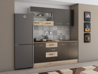 Bucatarie Alfa cu vitrina 180 cm, wenge / sonoma, blat termic nuc