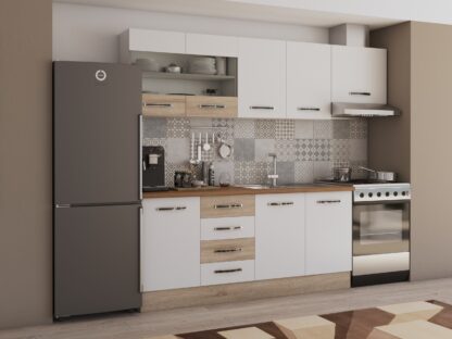 Bucatarie Alfa cu vitrina si blat termic nuc, alb / sonoma, 240x210x60 cm