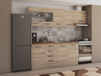 Bucatarie Alfa cu vitrina si blat termic nuc, sonoma, 240x210x60 cm