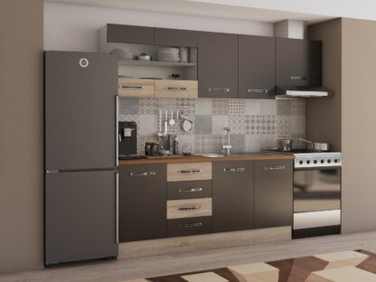 Bucatarie Alfa cu vitrina si blat termic nuc, wenge / sonoma, 240x210x60 cm